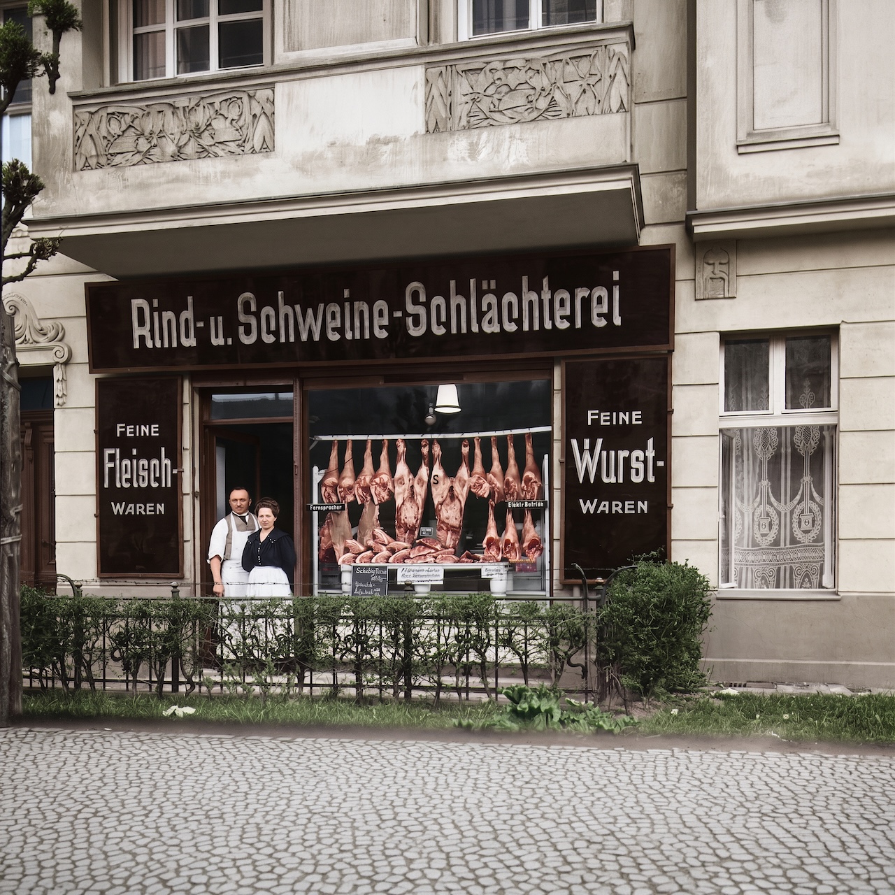 Fleischerei Stenzel, Bornholmer Stra&szlig;e 15/16, Berlin-Prenzlauer Berg, um 1925