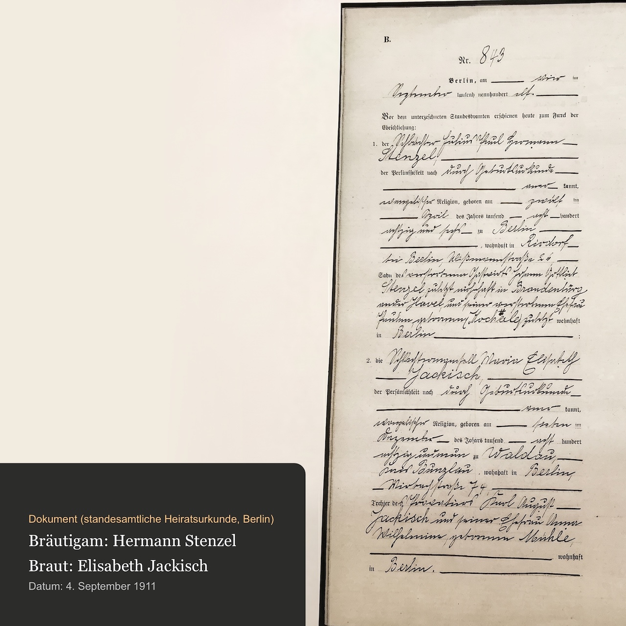 Standesamtliche Heiratsurkunde, Berlin 1911, Hermann Stenzel & Elisabeth Jackisch