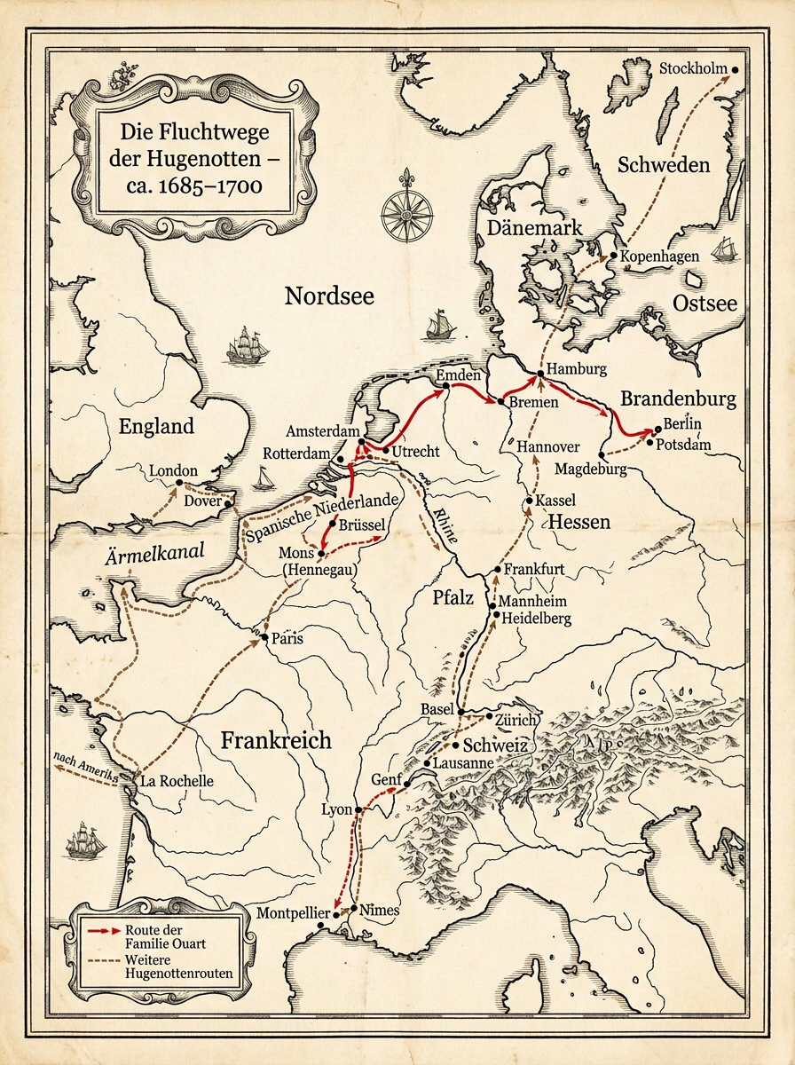Karte der wichtigsten Fluchtrouten der Hugenotten nach 1685